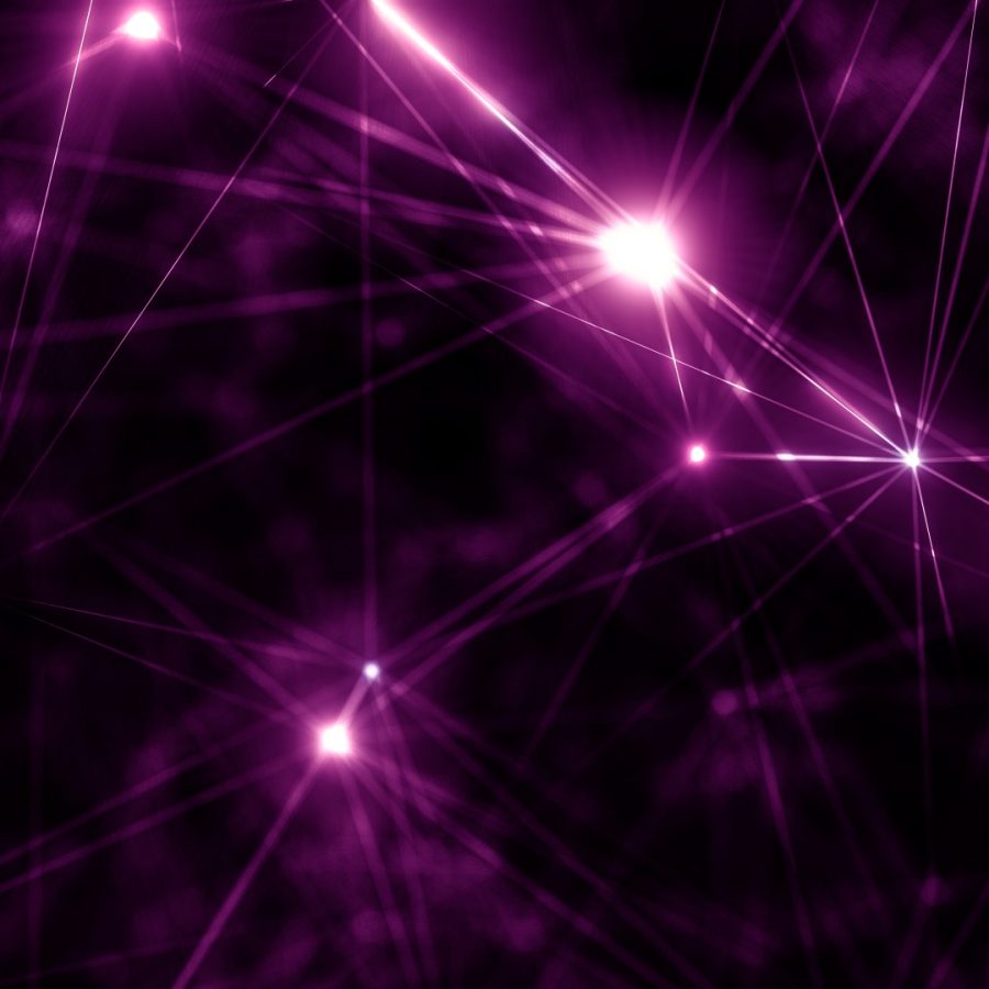 Cybernetic artificial intelligence in three-dimensional logic space on quantum computing communication of abstract Plexus elements array. 3D illustration concept loop for music, logic, and meditation.